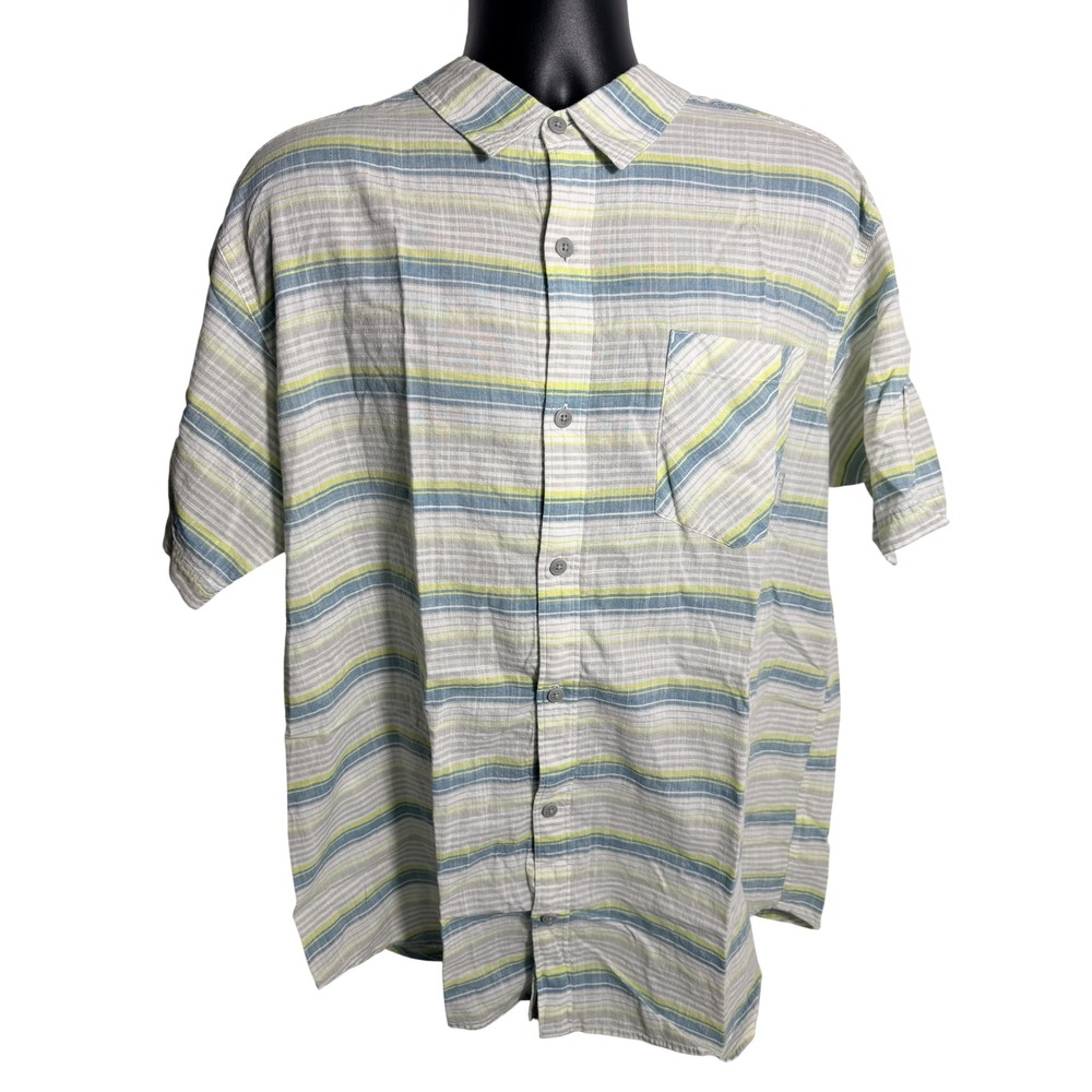 Columbia Shirt Mens 2XL‎ Green Blue Stripe Short Sleeve Button Up Casual Cotton